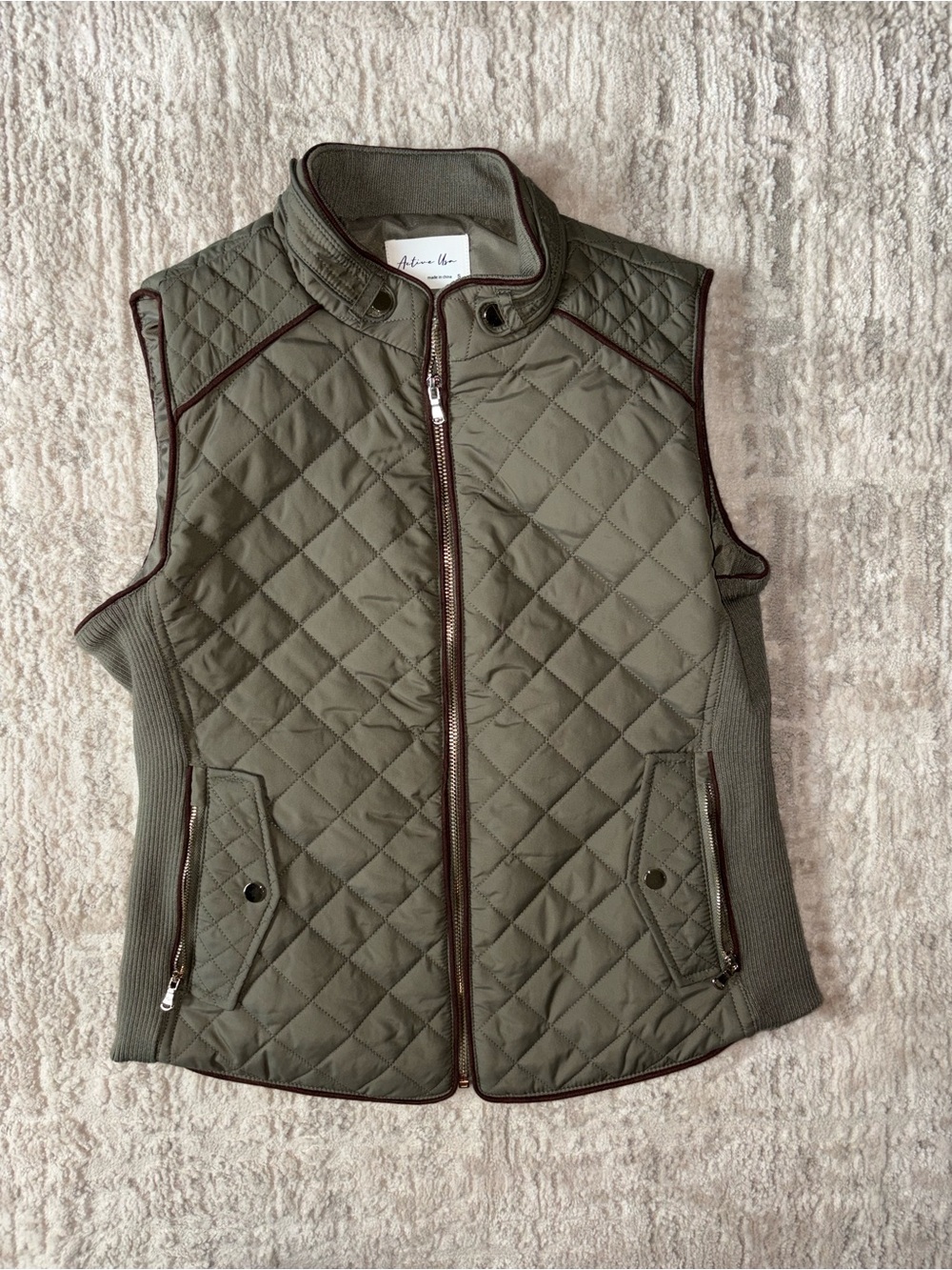 Active USA Quilted Olive Vest with Brown Trim